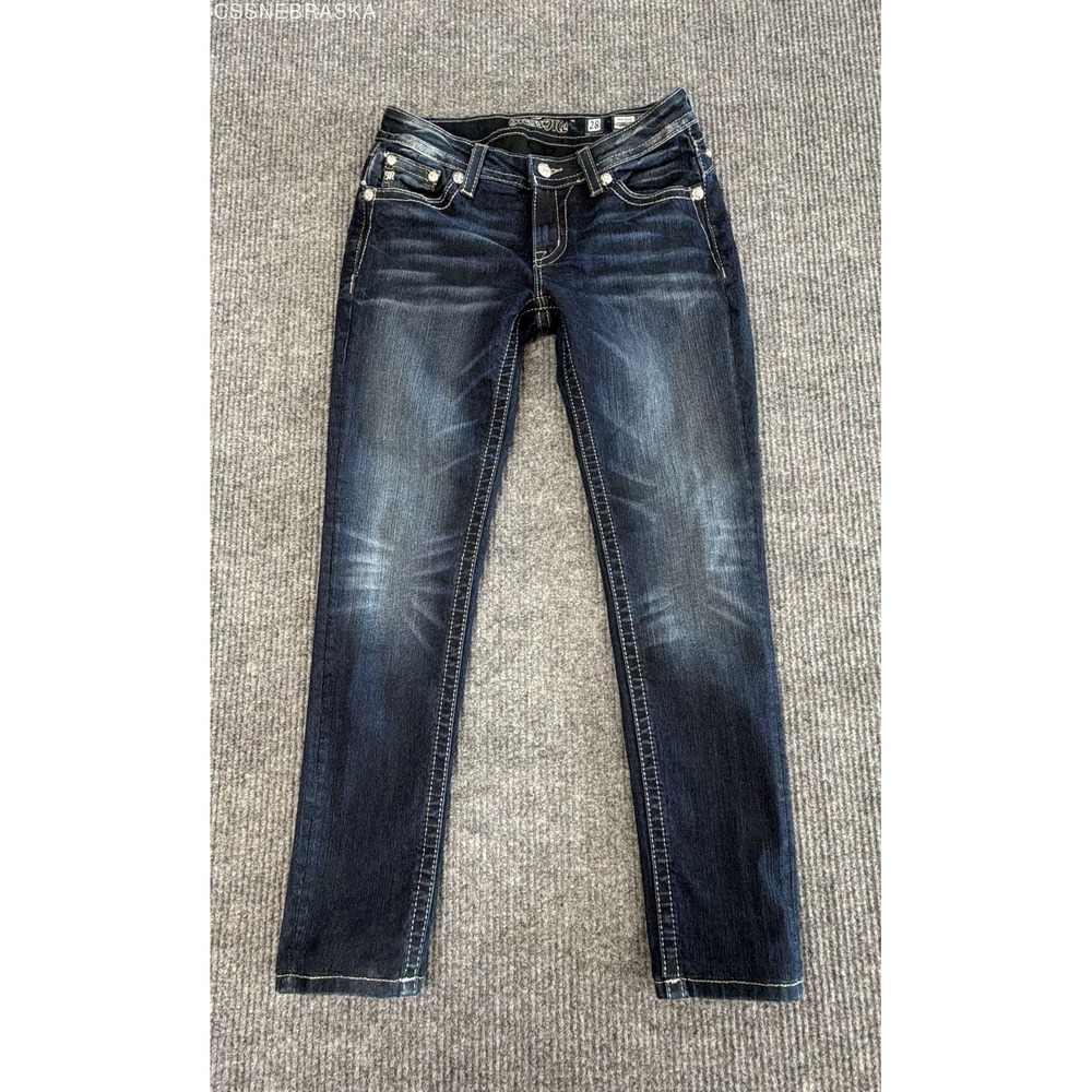 Miss Me Womens Mid-Rise Skinny Jeans Dark Wash Embellished Size 28